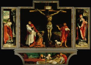Representación de Jesús crucificado donde el artista ha representado presente a S. juan Bautista, que en ese momento ya había fallecido.